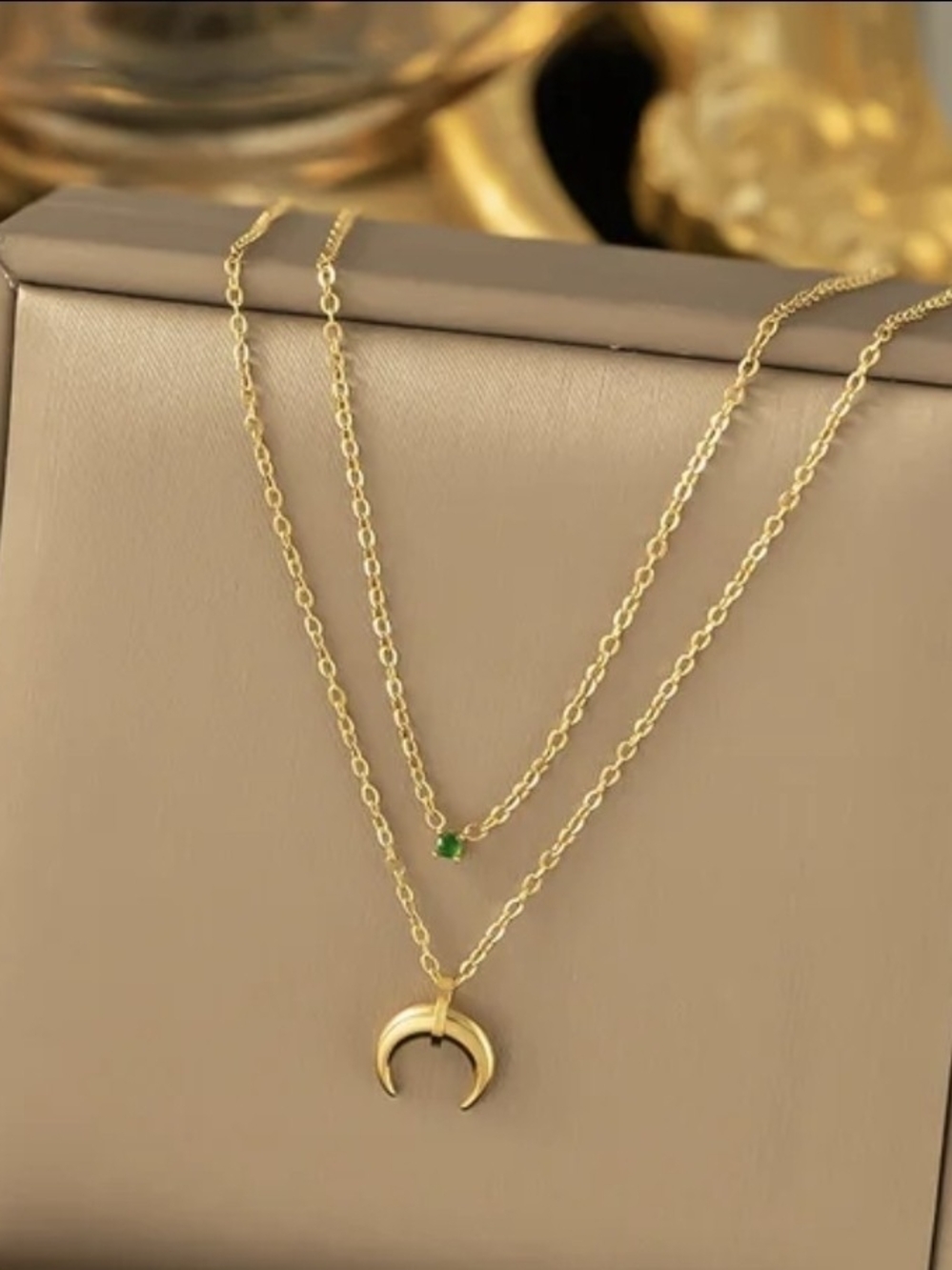 18k Gold Double-Layer Crescent Necklace with Green Accent